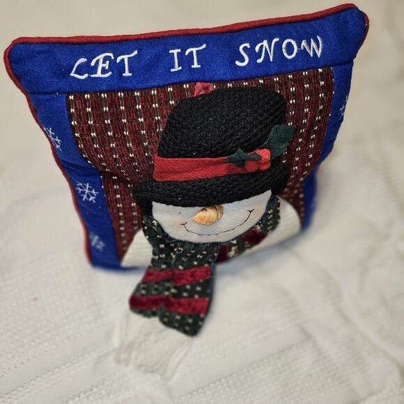 Vintage Quilted Snowman Throw Pillow Crochet Outfit Christmas Decor Let It Snow - Picture 6 of 13